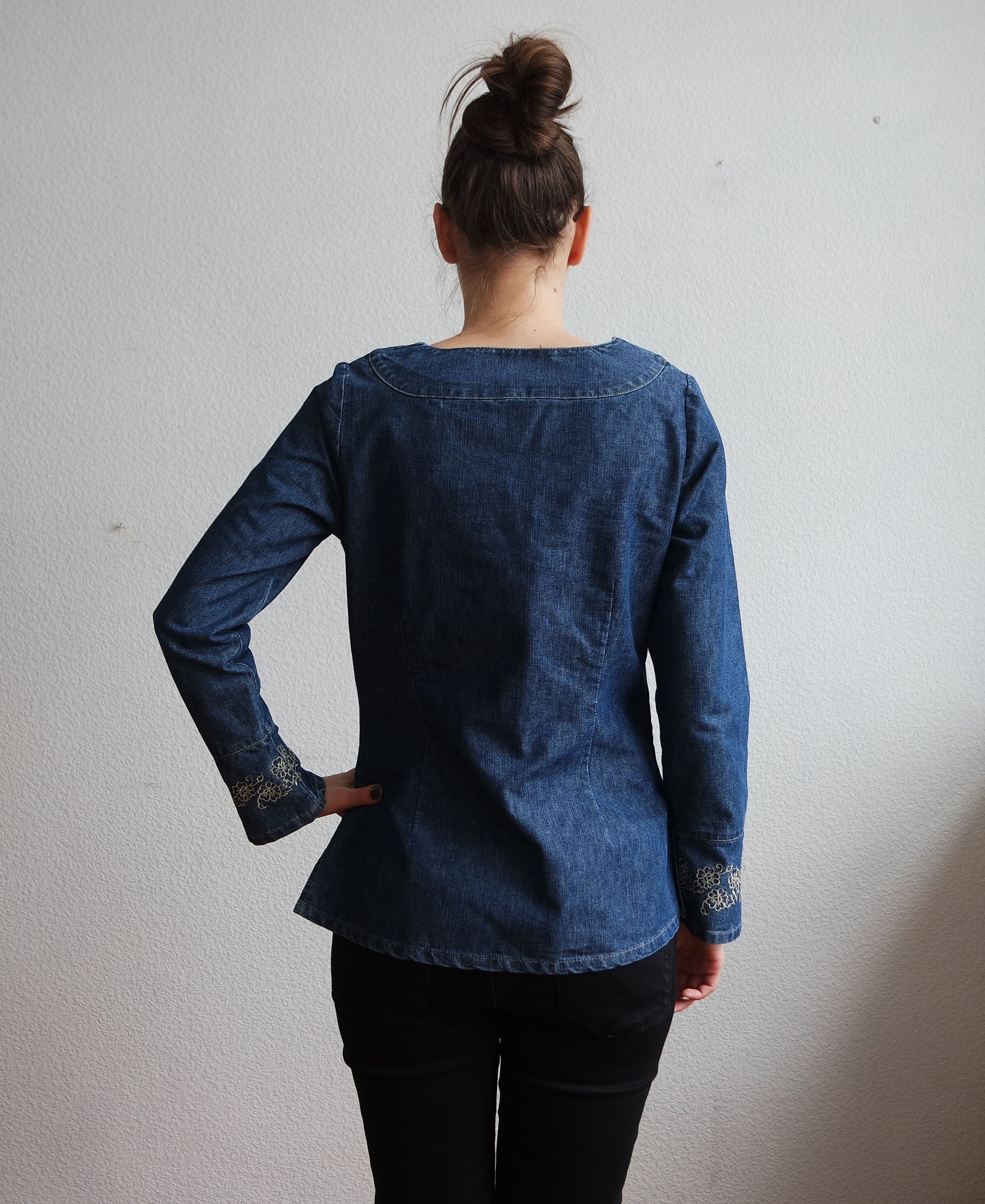 Women's Vintage Print Casual Hollow Denim Shirt