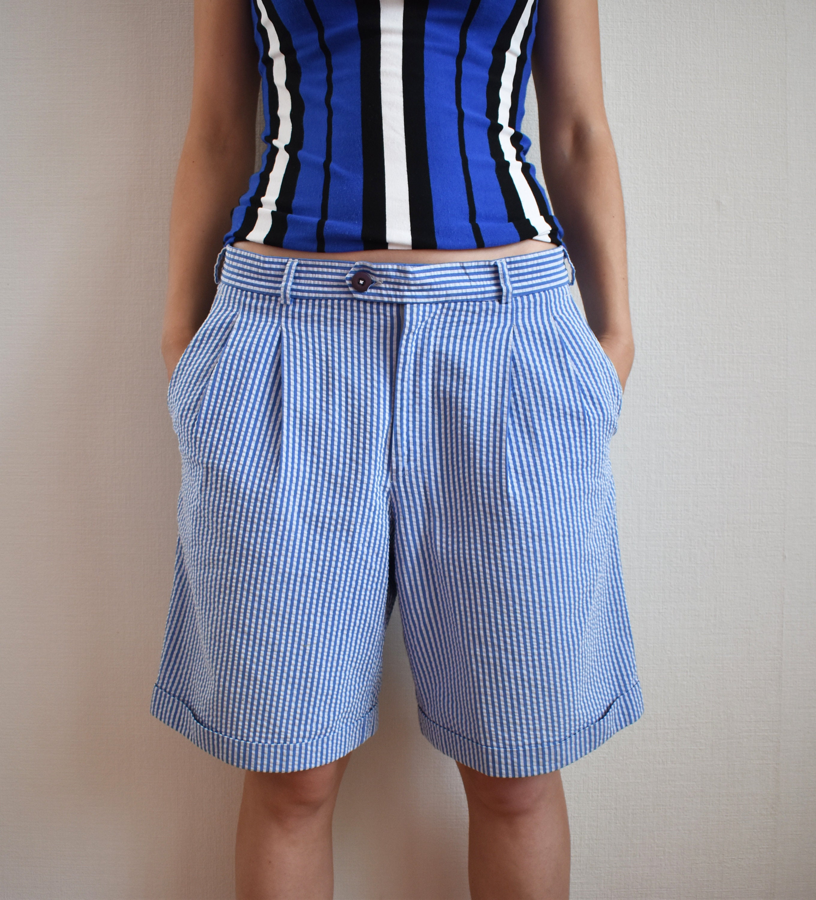 Vintage Women's Bermuda Shorts / Striped Shorts / Blue | Etsy