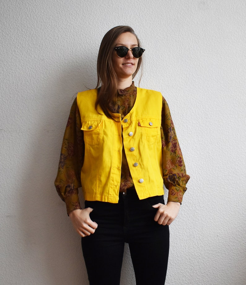Vintage Yellow Denim Vest Jeans Jacket Vintage Denim Sleeveless Vest Waistcoat Western Vest Size L Hippie Hipster Vest