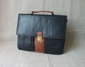 cartable en cuir noir vintage, porte-documents en cuir, cartable en cuir vintage, sac messager en cuir, porte-documents vintage, bagage en cuir