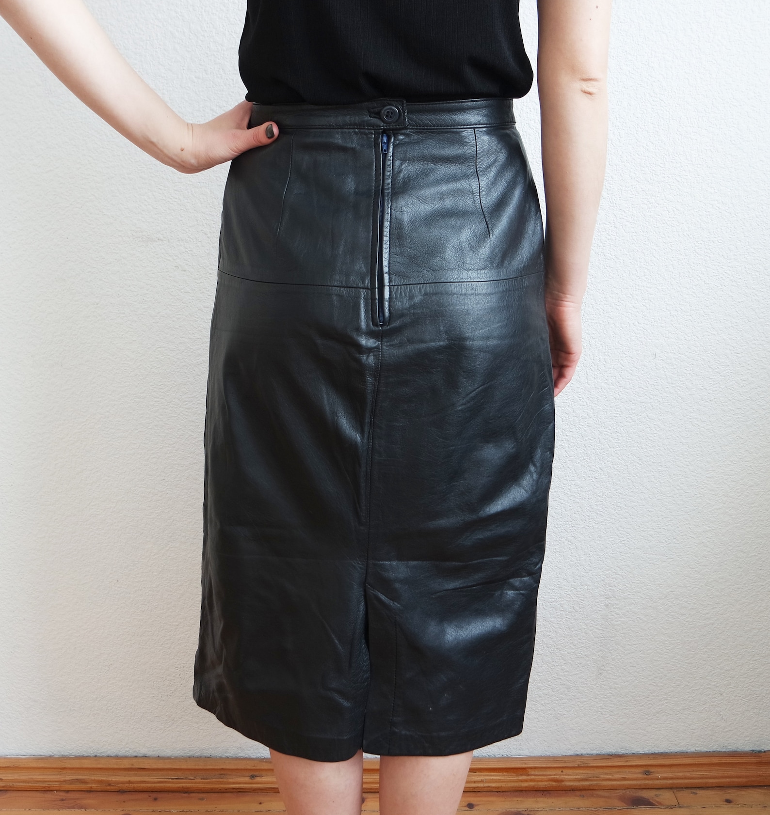 Vintage Black Real Leather Classic Woman Skirt Midi Skirt High Waist