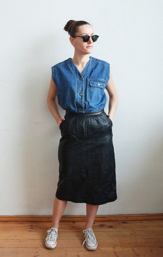 Vintage Black Real Leather Classic Woman Skirt Mi… - image 2