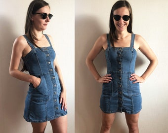 Vintage denim dress women Blue sarafan dress Mini dress for women Denim dress Womens jeans tunic Summer dress Short dress Mini denim dress