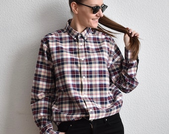 Camisa Oxford a cuadros vintage, camisa de algodón a cuadros de manga larga para hombre (L)