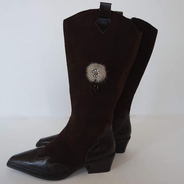 Vintage Brown Suede Leather Boots Tall Size EU 39 UK 6 Made in Germany Romantic boots Cowboy style