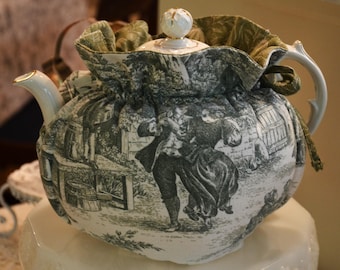 TEA COSY Large Size Green Toile fits your large 42-48 Oz teapot is my Drop In Snuggie lined with green calico and is very thick