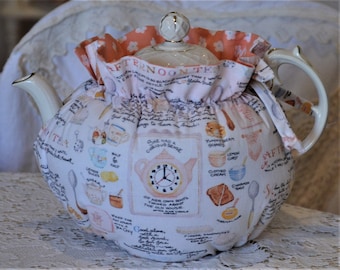 LARGE SIZED Tea Cozy is a Drop In Snuggie made with Afternoon Tea Designer Fabric lined in peach and white print cotton fits 42-48 Oz teapot