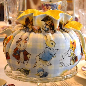 TEA COSY Large Size Drop In Snuggie fits a 42-48 Oz teapot is Beatrix Potter blue check fabric lined in yellow and white dot cotton