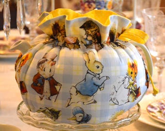 TEA COSY Large Size Drop In Snuggie fits a 42-48 Oz teapot is Beatrix Potter blue check fabric lined in yellow and white dot cotton