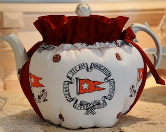 TEA COSY Large sized Drop In Snuggie design fits a big 48 Oz teapot is Titanic White Star with Red Cotton fabric lined in Red Cotton