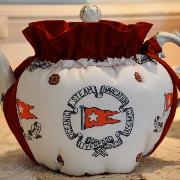 LARGE SIZED Tea Cozy Drop In Snuggie design fits a big 48 Oz teapot is Titanic White Star with Red Cotton fabric lined in Red Cotton