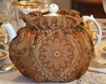 LARGE SIZED Copper on Gold Tapestry fabric Drop In Snuggie Tea Cozy fits a 42-48 Oz teapot and is lined in brown cotton.  Original design