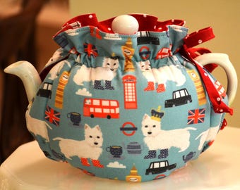 TEA COSY XS Plus fits your 18-22 Oz teapot or a 22 Oz ForLife Stump Teapot is made with British Westie Cotton Fabric lined in red white dot