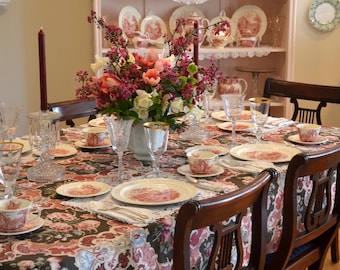 TABLECLOTH 62 x 90 Laura Ashley Fabric beautiful vintage fabric brown background wine red, pinks, blue and green large floral toile design