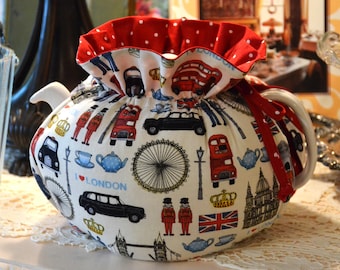 TEA COSY Large Sized is a Drop In Snuggie Original Design and fits a 42-48 Oz teapot is made with British Icon cotton fabric lined red dot