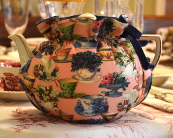 TEA COSY Standard Size Drop In Snuggie Original fits your 32-36 Oz teapot and made with The Gifted Line Designer fabric lined dark blue cott