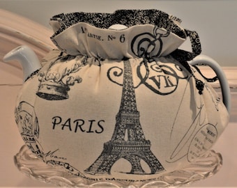 LARGE SIZED Tea Cozy is my Drop In Snuggie Style Eiffel Tower Paris fits your Large 42-48 Oz teapot is lined in a black print cotton