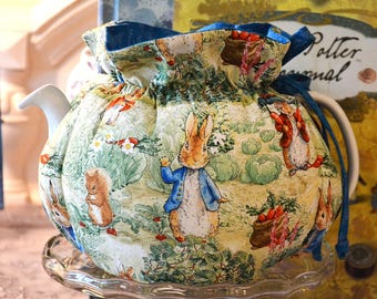 TEA COSY Large Size Drop In Snuggie fits a 42-48 Oz teapot Peter Rabbit's Garden lined cyan blue cotton