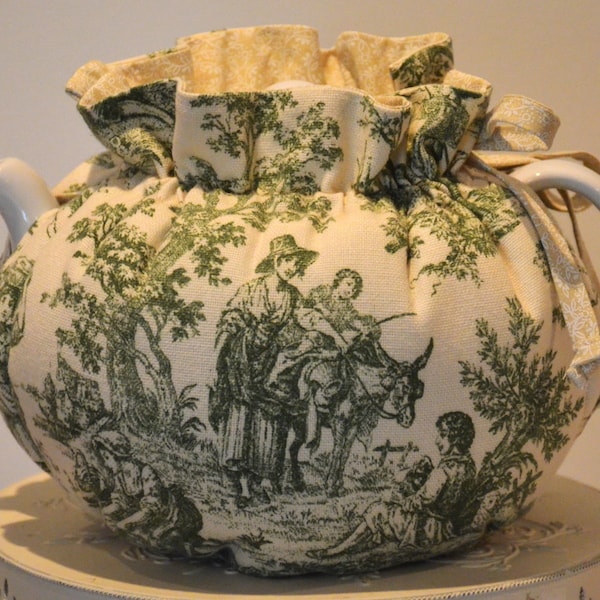 LARGE SIZED Tea Cozy is Drop in Snuggie Original and fits a large 42-48 Oz teapot and is made of Green Toile French style fabric lined beige