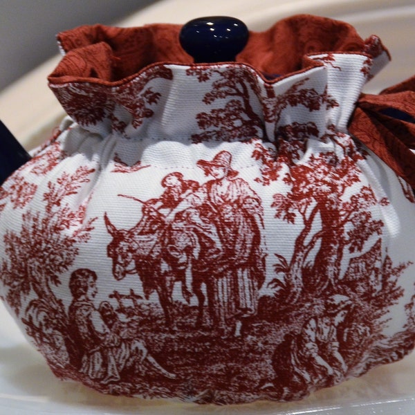 X SMALL SIZED Drop In Snuggie Tea Cozy fits a 12-16 Oz teapot and made with Burgundy Red Toile French Style lined in burgundy red cotton