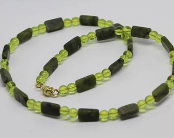 Dark green serpentine stone and light green glass beaded necklace, gifts for her