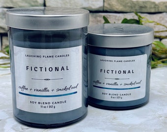 Fictional scented candle: coffee, vanilla, smoked oud, cozy home decor, gift for book lover, all season candle, housewarming gift