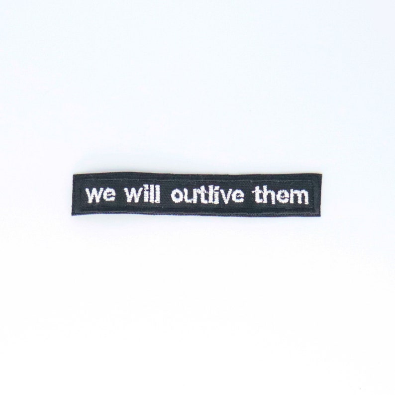 We Will Outlive Them patch, yiddish, jewish political patches, resistance, politics, Judaica, punk, leftist English