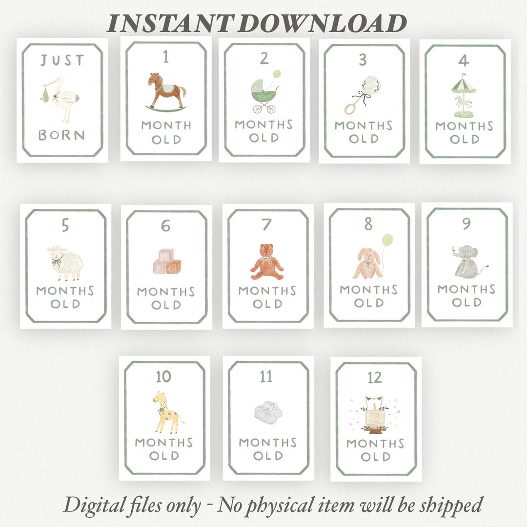 Baby Milestone Cards Printable – A4 / 6×9 & US Letter – Green Monthly ...