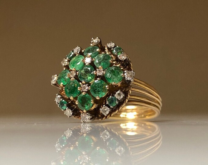 Emerald & Diamond Cocktail Cluster Ring 14k Gold Vintage Emerald ...