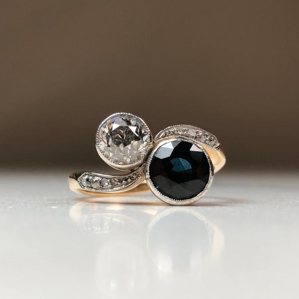 old cut diamond and sapphire ring | antique diamond ring | toi et moi ring | the NEW MOON ring // size 6