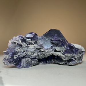 Purple Fluorite with Quartz | Natural Purple Tanzanite Fluorite Crystal on Matrix | Mineral Specimen
