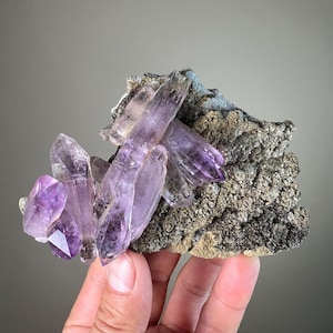 Amethyst Crystal | Vera Cruz Amethyst | Natural Enhydro Amethyst Point Cluster on Matrix | Mineral Specimen from Mexico