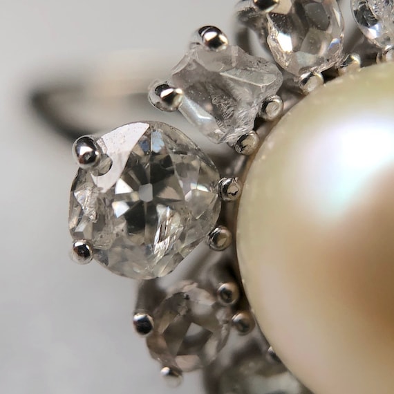 pearl and old mine cut diamond ring 18k white gol… - image 7