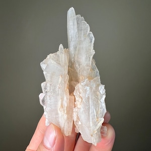 May include: A cluster of clear, translucent quartz crystals. The crystals have a layered, textured appearance with sharp, pointed terminations. The overall color is a pale, off-white with subtle variations in tone. The quartz formation is held in a hand.