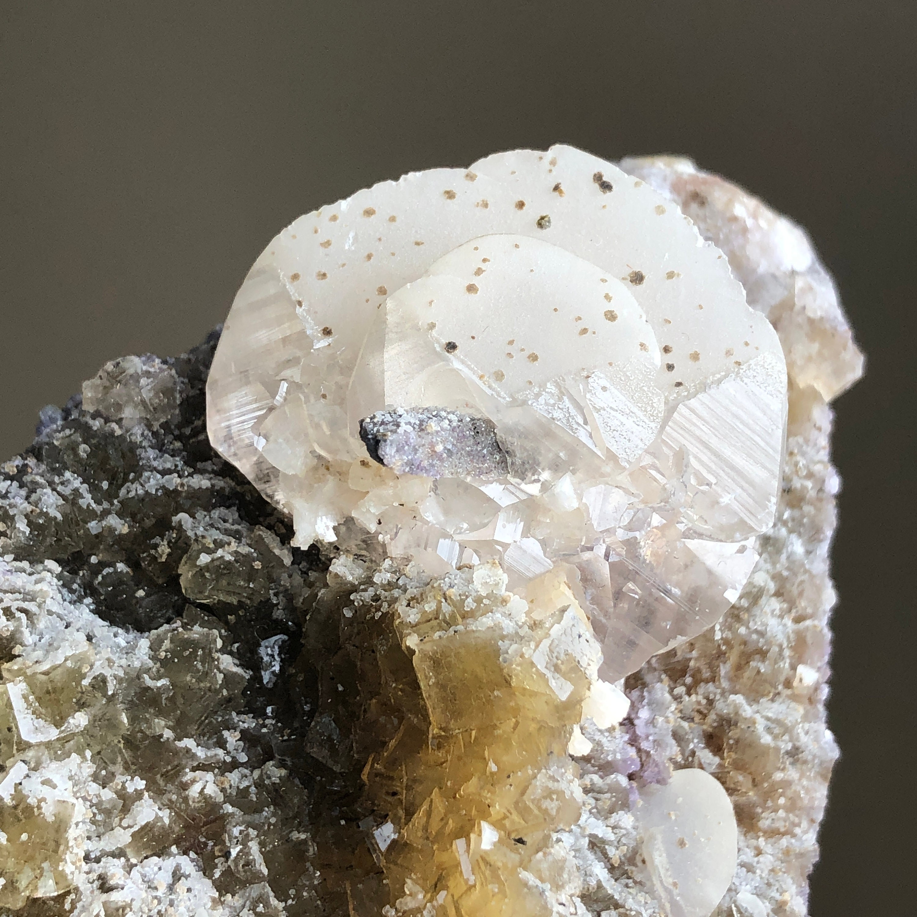 金色の方解石の上に蛍石 神秘的な蛍光色の方解石 – きらら舎