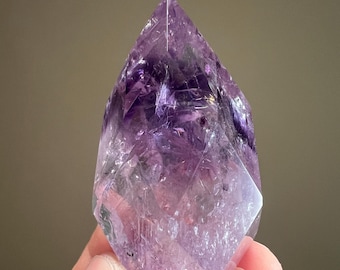 Faceted Amethyst Quartz Crystal: Polished Clear Quartz with Purple Phantoms and Rainbow Inclusions