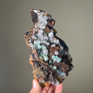 May include: A mineral specimen with clusters of pale blue-green crystals and white crystalline formations. The rock has a dark brown and black matrix with orange and rust-coloured areas. The specimen is held in a hand.