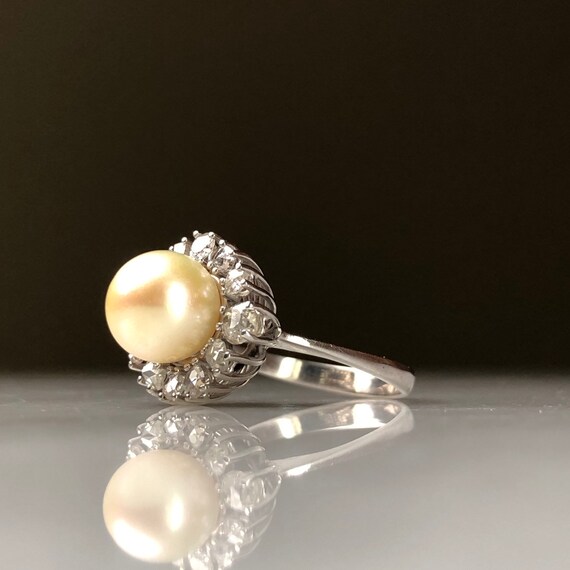 pearl and old mine cut diamond ring 18k white gol… - image 2