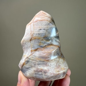 May include: A polished, freeform gemstone sculpture. The stone features a blend of colors, including cream, gray, and brown, with intricate veining patterns. The sculpture has a smooth, glossy finish and is held by a hand.