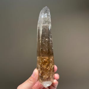 May include: A clear and brown crystal point with a natural, elongated shape. The crystal transitions from a clear tip to a darker, smoky brown base. The crystal is held in a hand.