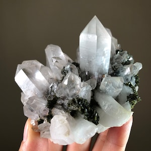 Quartz with Epidote | Natural Clear Quartz Point Crystal Cluster with Epidote from China