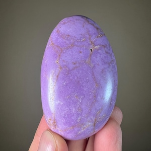 May include: A polished, oval gemstone in a vibrant lavender hue. The stone features intricate brown veining patterns across its surface. The smooth, rounded form is held in a hand, showcasing its natural beauty and unique texture.
