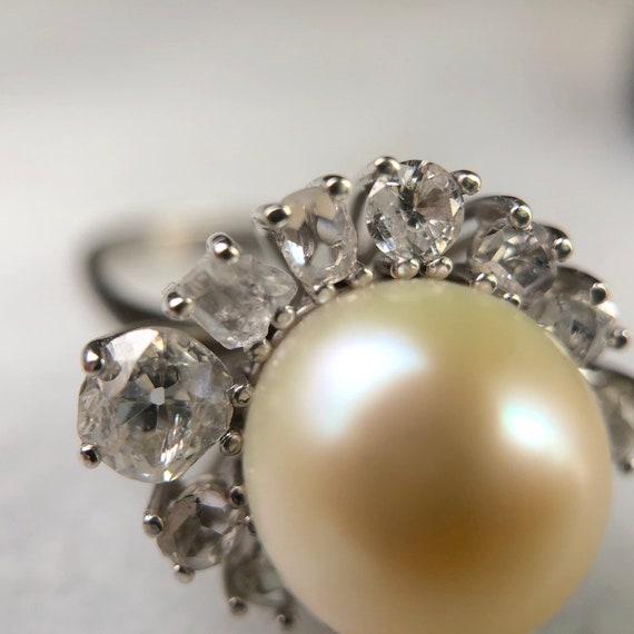 pearl and old mine cut diamond ring 18k white gol… - image 9