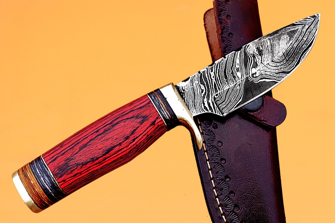 Custom Handmade Damascus Steel Fixed Blade Hunting Knife Red Etsy