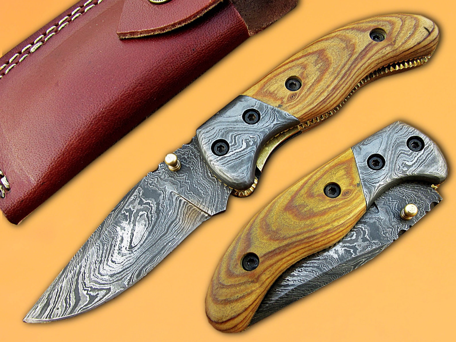 Custom Handmade Damascus Folding Pocket Knife Wood Handle Etsy