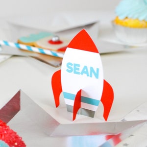 3D Personalized Rocket Ship Place Cards, Name Cards, Outer space party decor, rocket ship party decor, Custom space place cards, space party