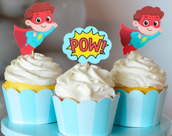 Adornos para cupcakes de superhéroes / Decoraciones para fiestas de superhéroes infantiles / Cumpleaños de pequeños héroes, temática de cómics, adornos para cupcakes de primer cumpleaños de niño