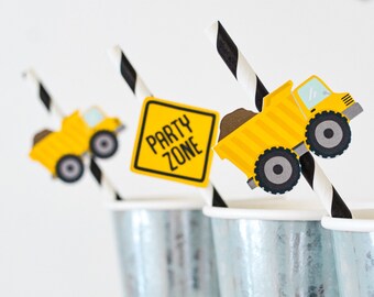 Construction Paper Straws | Construction Birthday Party, Construction Theme Party Supplies, Construction Party Decorations, Dump Truck