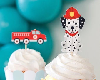 Vintage Firetruck Cupcake Toppers | Firetruck Birthday Party Decor, Firefighter Birthday, Two the Rescue, Fireman Party Decorations