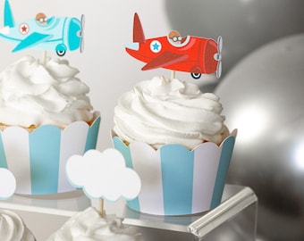 Vintage vliegtuigcupcaketoppers | Vliegtuigverjaardagsfeestje, Time Flies-feestje, kindervliegtuigfeestje, vliegtuigfeestdecoraties